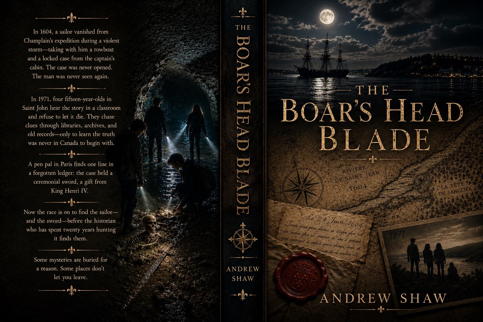 Front cover, spine, and back cover artwork for The Boar’s Head Blade by Andrew Shaw, showing a moonlit tall ship in Saint John harbour on the front and a lantern-lit cave passage on the back