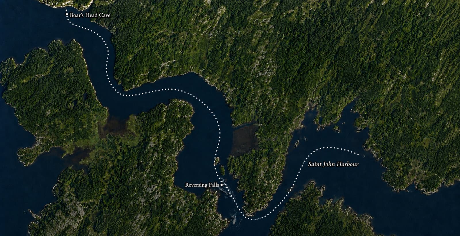 A map of Pierre’s route through the gorge in the novel’s prologue, marking Saint John Harbour, the Reversing Falls, and Boar’s Head Cave